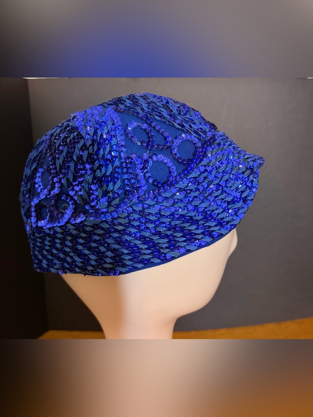 Vintage 1950s Glenover Henry Pollak Royal Blue Sequin Wool Cap Hat